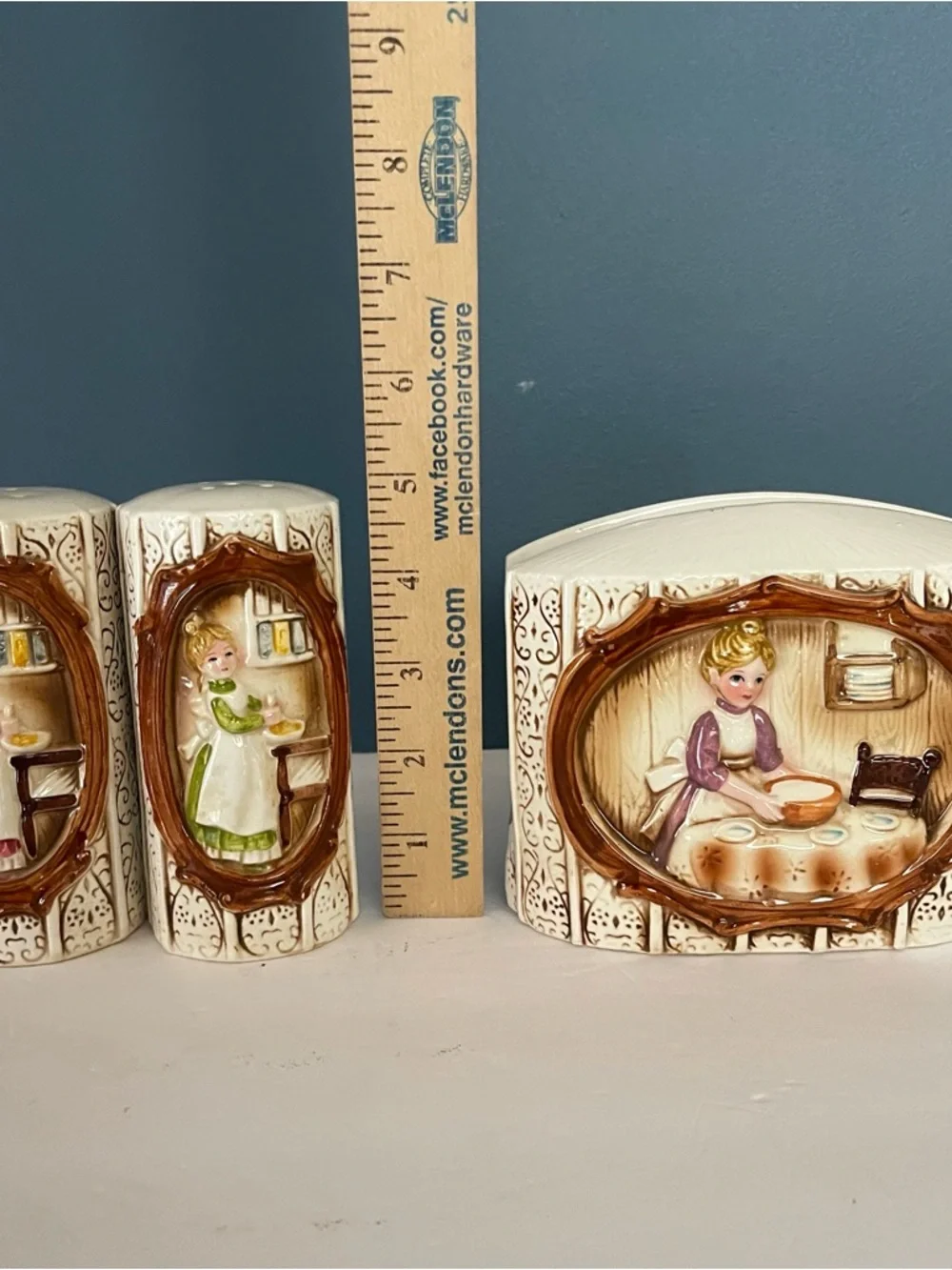 Vintage Sears Roebuck Pioneer Woman Salt Pepper Set and  Napkin Holder‎